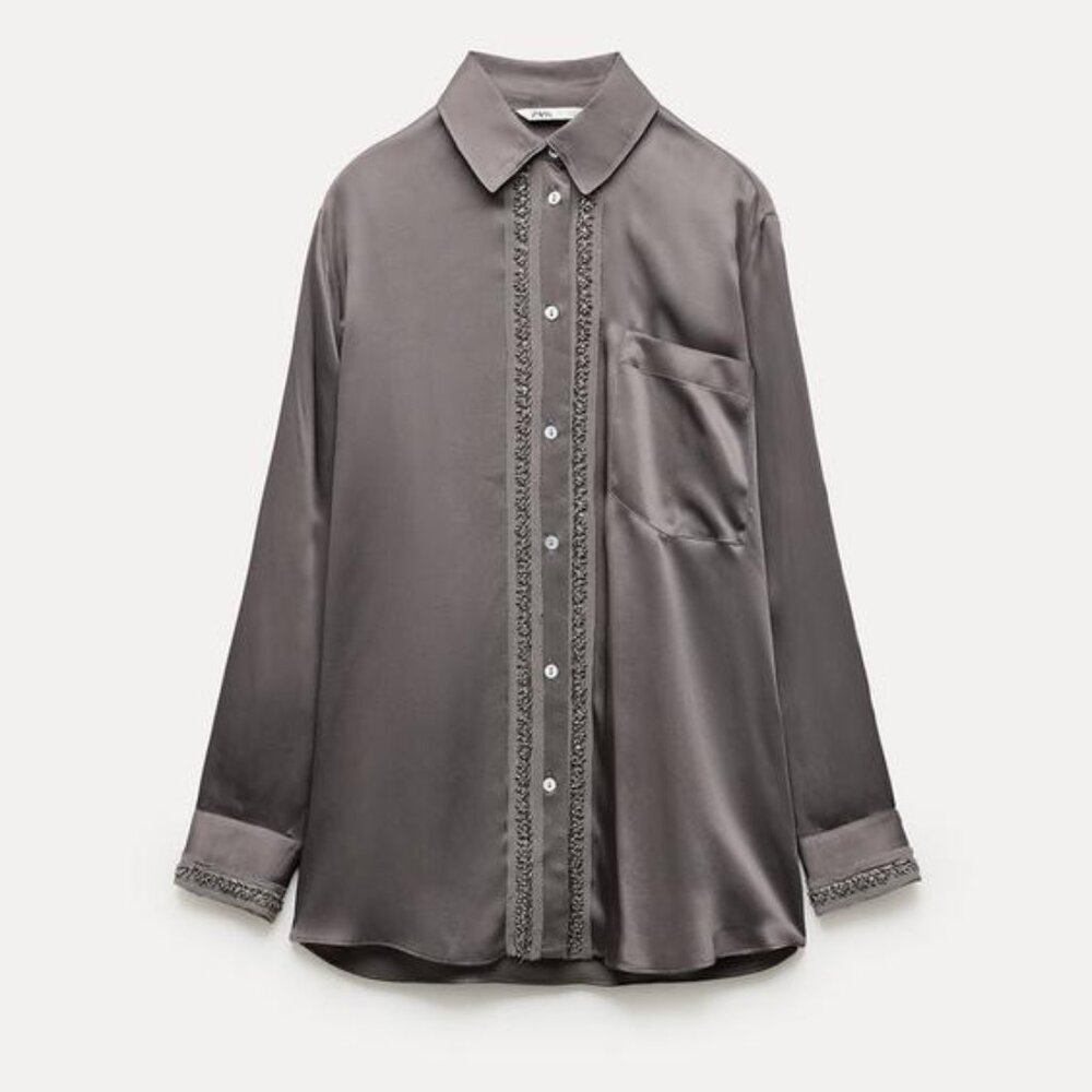Zara Beaded Satin Effect Blouse Button Down Shirt Mocha Color - SMALL (runs big)